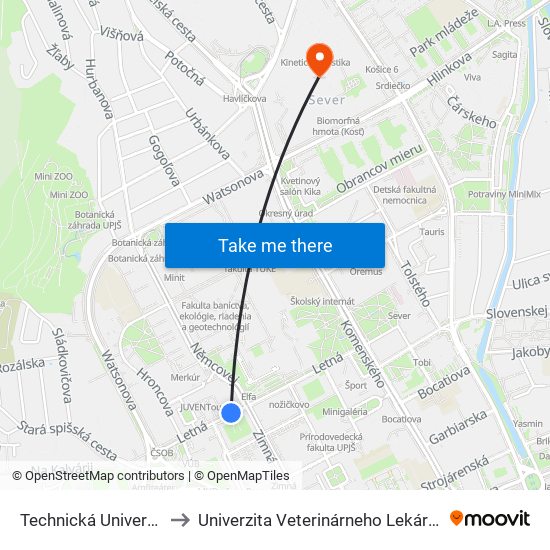 Technická Univerzita to Univerzita Veterinárneho Lekárstva map