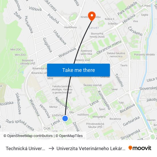 Technická Univerzita to Univerzita Veterinárneho Lekárstva map