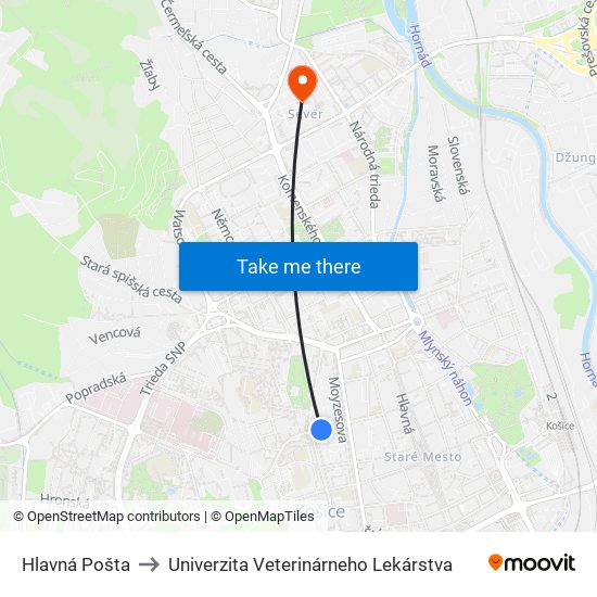 Hlavná Pošta to Univerzita Veterinárneho Lekárstva map