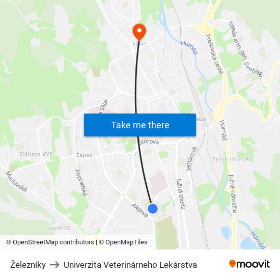 Železníky to Univerzita Veterinárneho Lekárstva map