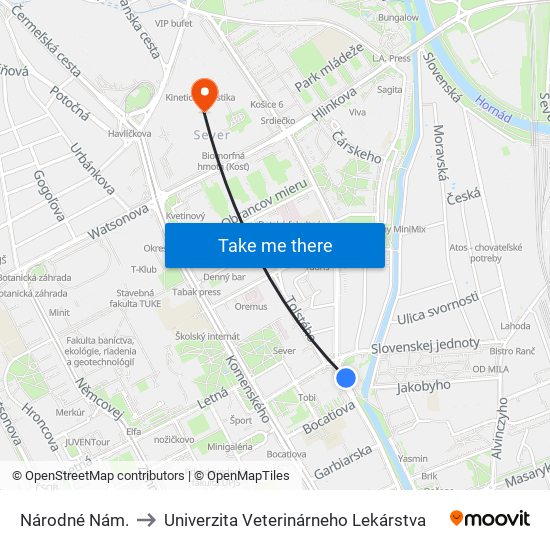 Národné Nám. to Univerzita Veterinárneho Lekárstva map