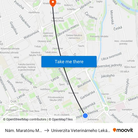 Nám. Maratónu Mieru to Univerzita Veterinárneho Lekárstva map