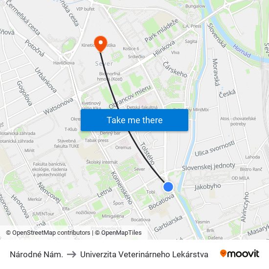 Národné Nám. to Univerzita Veterinárneho Lekárstva map