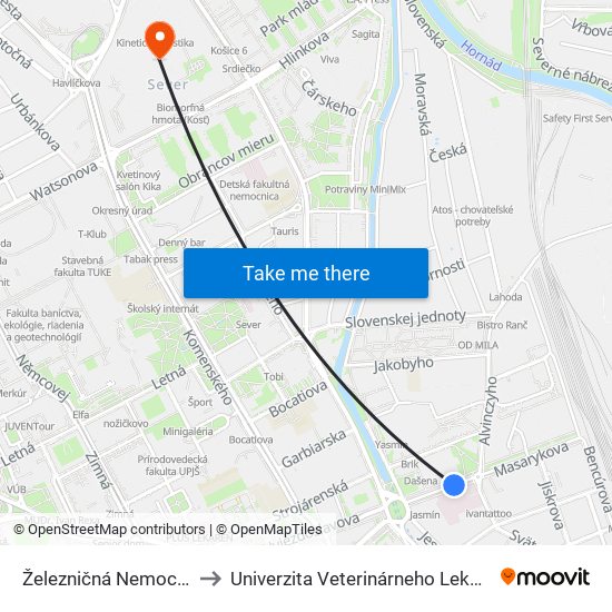 Železničná Nemocnica to Univerzita Veterinárneho Lekárstva map