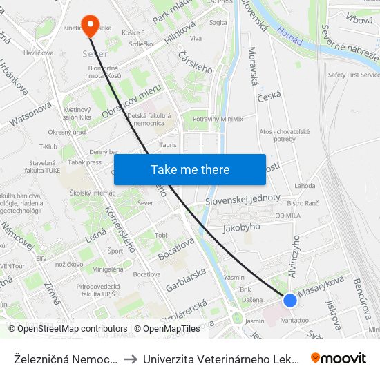 Železničná Nemocnica to Univerzita Veterinárneho Lekárstva map