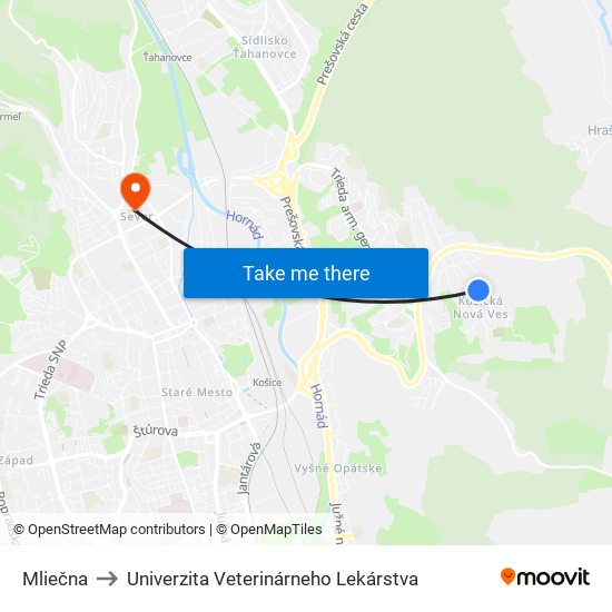 Mliečna to Univerzita Veterinárneho Lekárstva map