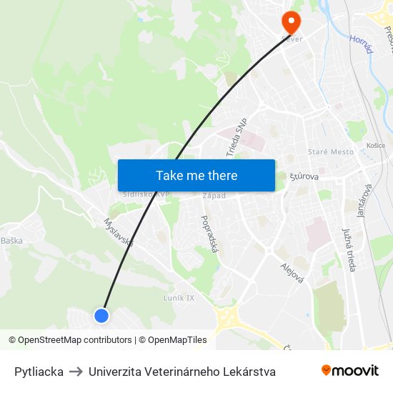 Pytliacka to Univerzita Veterinárneho Lekárstva map