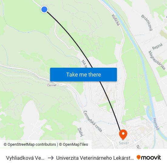 Vyhliadková Veža to Univerzita Veterinárneho Lekárstva map