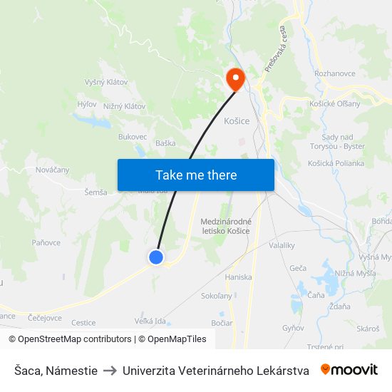 Šaca, Námestie to Univerzita Veterinárneho Lekárstva map