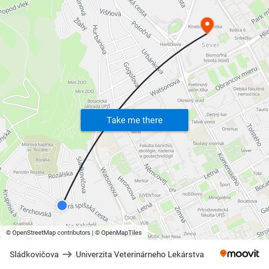 Sládkovičova to Univerzita Veterinárneho Lekárstva map