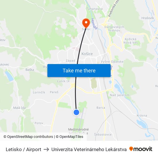 Letisko / Airport to Univerzita Veterinárneho Lekárstva map