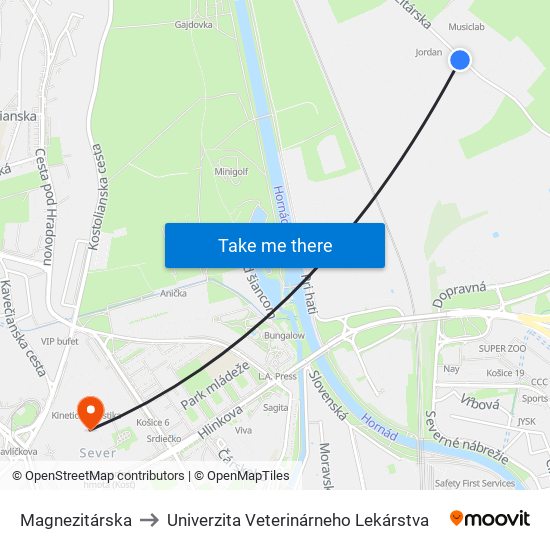 Magnezitárska to Univerzita Veterinárneho Lekárstva map