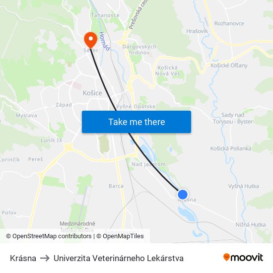 Krásna to Univerzita Veterinárneho Lekárstva map