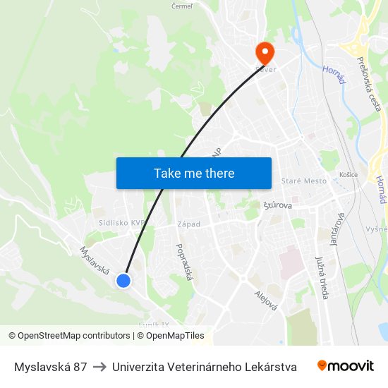 Myslavská 87 to Univerzita Veterinárneho Lekárstva map