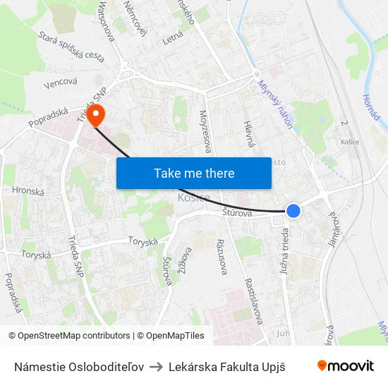 Námestie Osloboditeľov to Lekárska Fakulta Upjš map