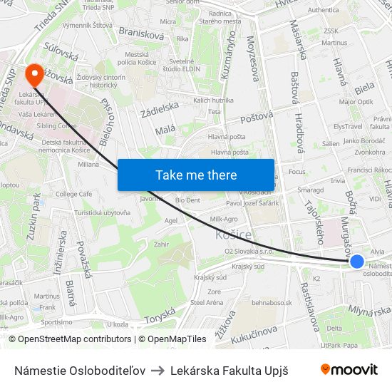 Námestie Osloboditeľov to Lekárska Fakulta Upjš map