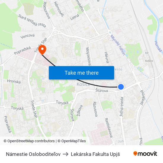 Námestie Osloboditeľov to Lekárska Fakulta Upjš map