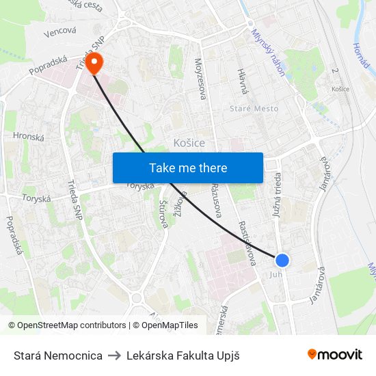 Stará Nemocnica to Lekárska Fakulta Upjš map