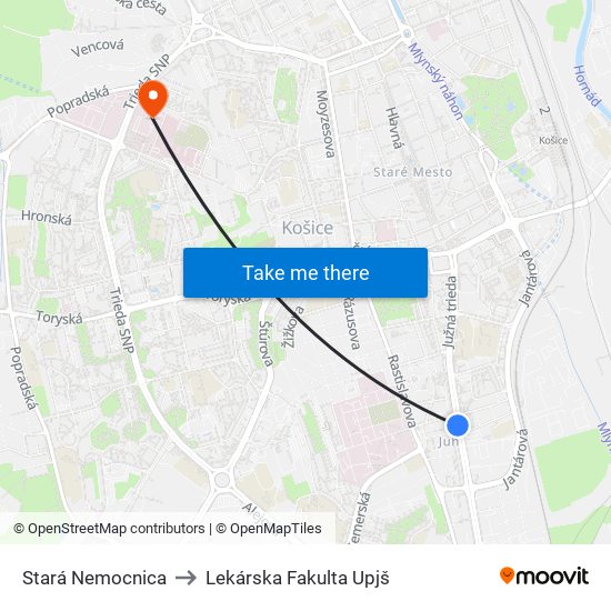 Stará Nemocnica to Lekárska Fakulta Upjš map