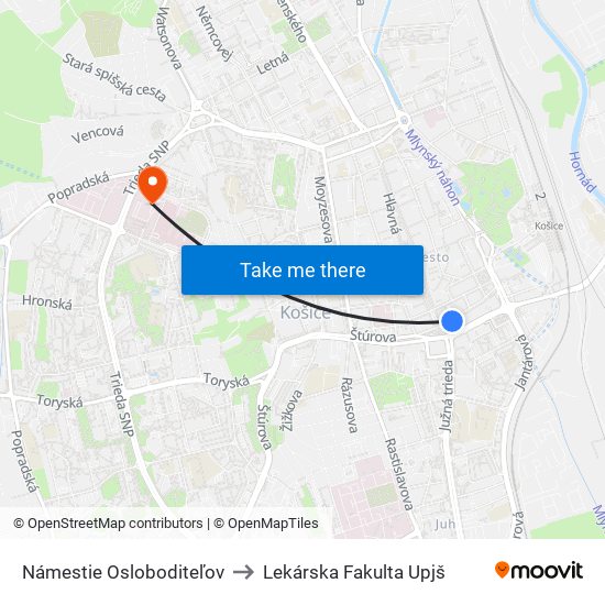 Námestie Osloboditeľov to Lekárska Fakulta Upjš map