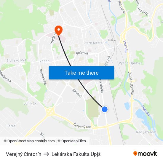 Verejný Cintorín to Lekárska Fakulta Upjš map