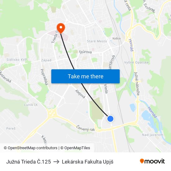 Južná Trieda Č.125 to Lekárska Fakulta Upjš map