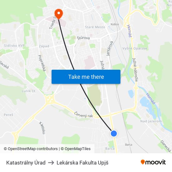 Katastrálny Úrad to Lekárska Fakulta Upjš map