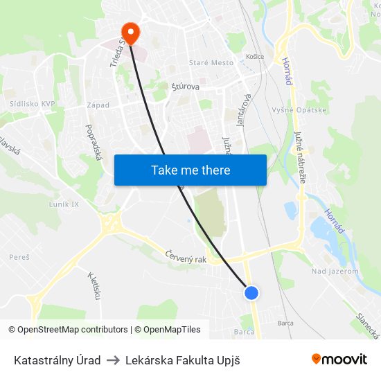 Katastrálny Úrad to Lekárska Fakulta Upjš map