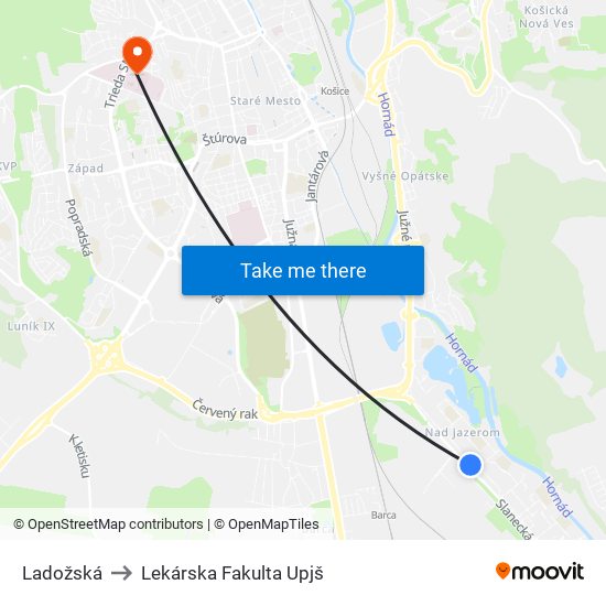 Ladožská to Lekárska Fakulta Upjš map