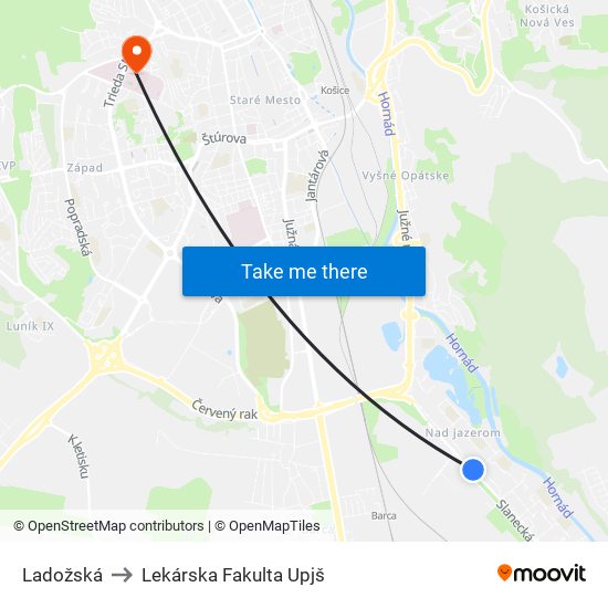 Ladožská to Lekárska Fakulta Upjš map