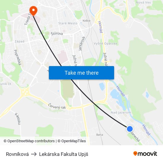 Rovníková to Lekárska Fakulta Upjš map