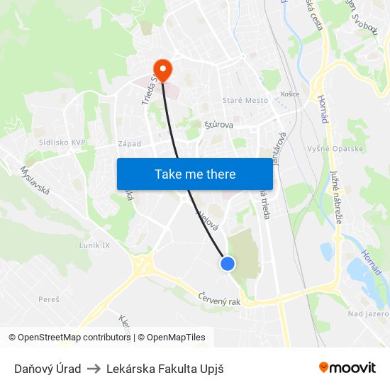 Daňový Úrad to Lekárska Fakulta Upjš map