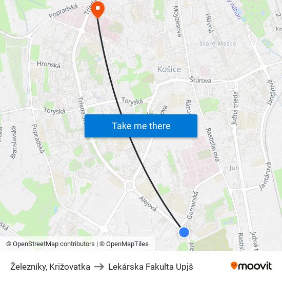 Železníky, Križovatka to Lekárska Fakulta Upjš map