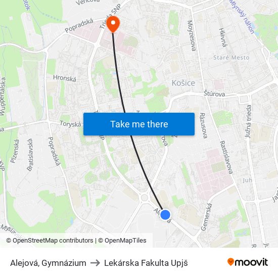 Alejová, Gymnázium to Lekárska Fakulta Upjš map