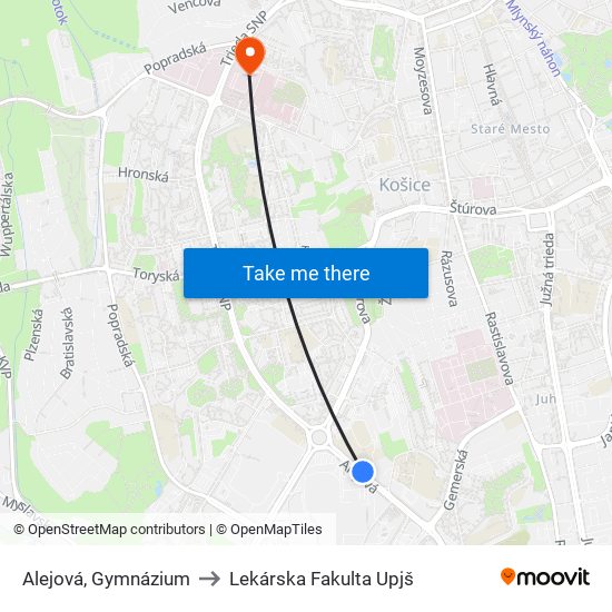 Alejová, Gymnázium to Lekárska Fakulta Upjš map