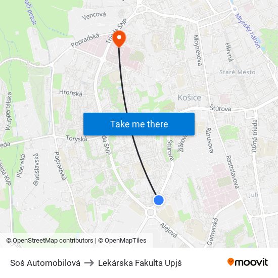 Soš Automobilová to Lekárska Fakulta Upjš map