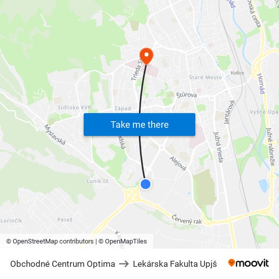 Obchodné Centrum Optima to Lekárska Fakulta Upjš map