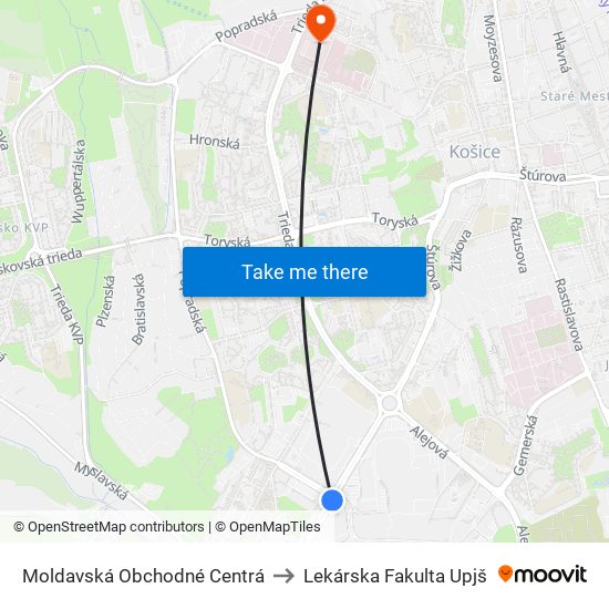 Moldavská Obchodné Centrá to Lekárska Fakulta Upjš map