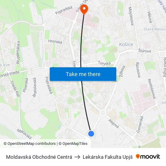 Moldavská Obchodné Centrá to Lekárska Fakulta Upjš map