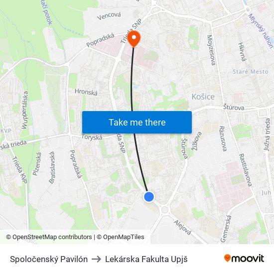 Spoločenský Pavilón to Lekárska Fakulta Upjš map