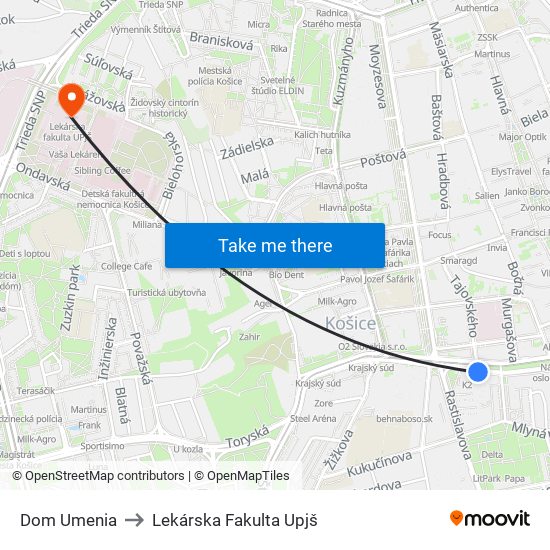 Dom Umenia to Lekárska Fakulta Upjš map