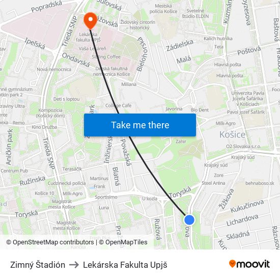Zimný Štadión to Lekárska Fakulta Upjš map