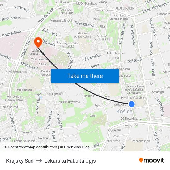 Krajský Súd to Lekárska Fakulta Upjš map