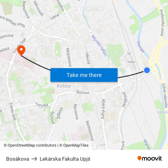 Bosákova to Lekárska Fakulta Upjš map