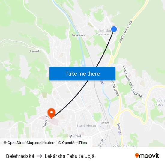 Belehradská to Lekárska Fakulta Upjš map