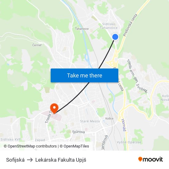 Sofijská to Lekárska Fakulta Upjš map