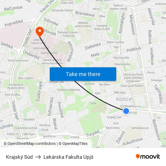 Krajský Súd to Lekárska Fakulta Upjš map