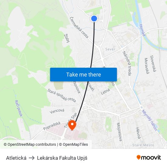 Atletická to Lekárska Fakulta Upjš map