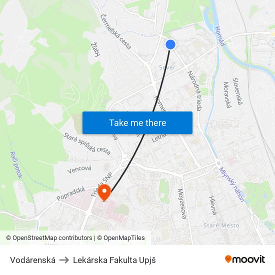 Vodárenská to Lekárska Fakulta Upjš map