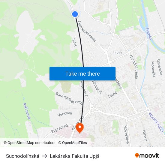 Suchodolínská to Lekárska Fakulta Upjš map